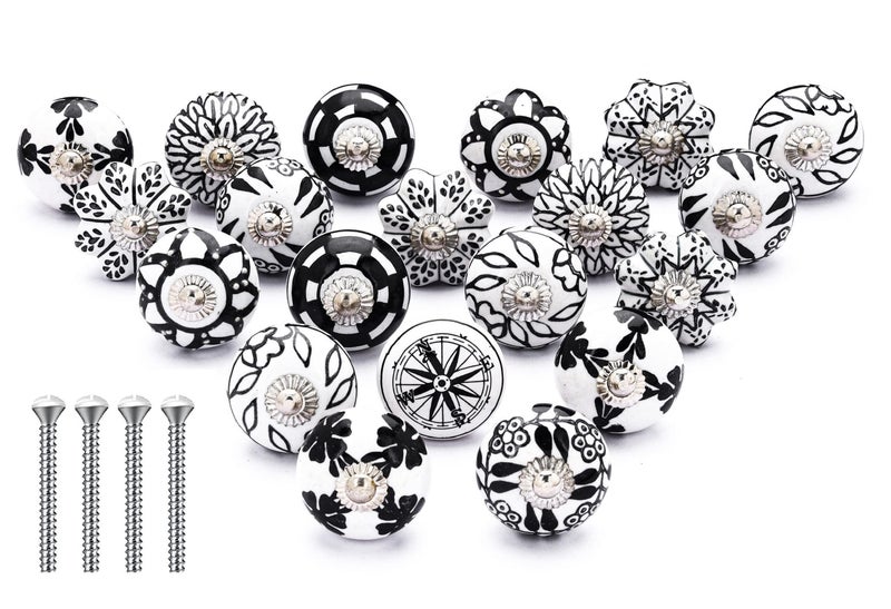NAQSH Ceramic Cabinet Knobs Kitchen Drawer Knob Handpainted Cupboard Door & Drawers Pulls (Black & White, 20) - Image 1